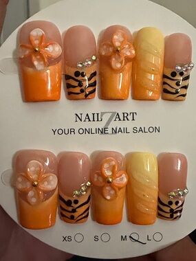 Orange & Yellow Floral Zebra handmade Press-On Nails